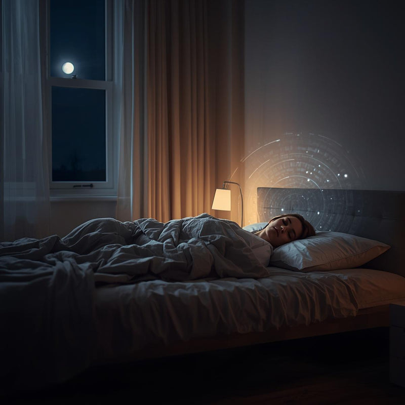 Person sleeping peacefully while radar technology monitors breathing in contactless sleep monitoring