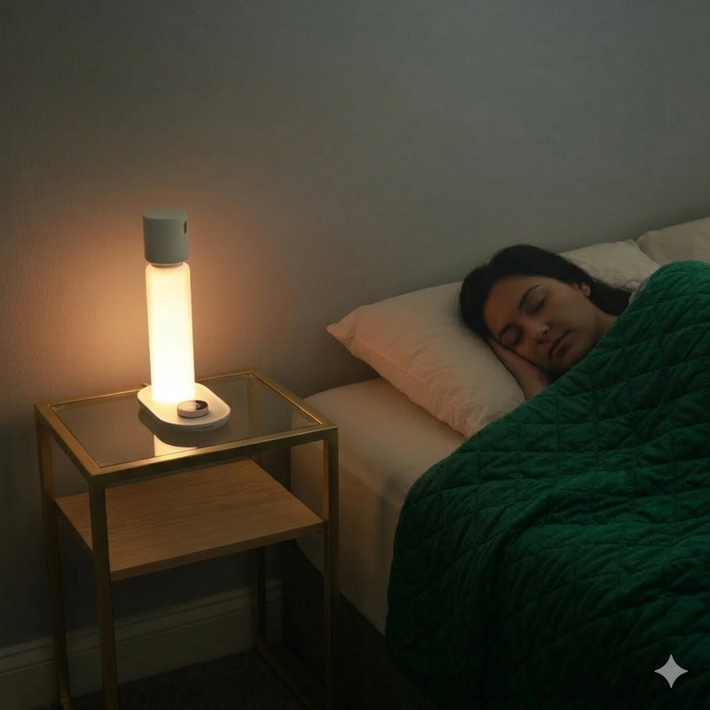  Person sleeping peacefully in a calm bedroom environment at night.