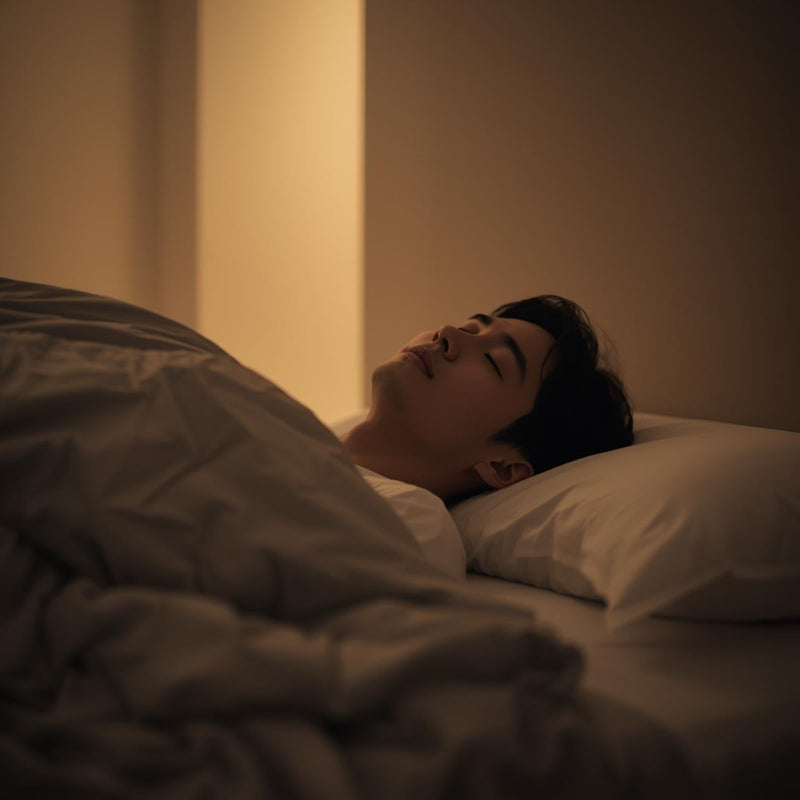 Person resting peacefully in bed at night in soft blue light, representing stable N2 sleep.