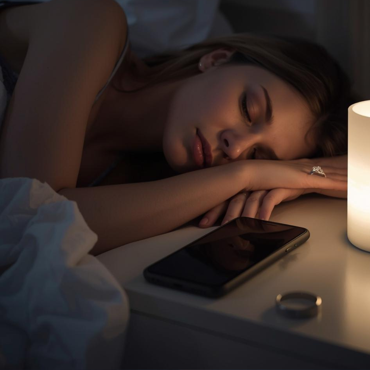 Woman sleeping beside assorted sleep technology