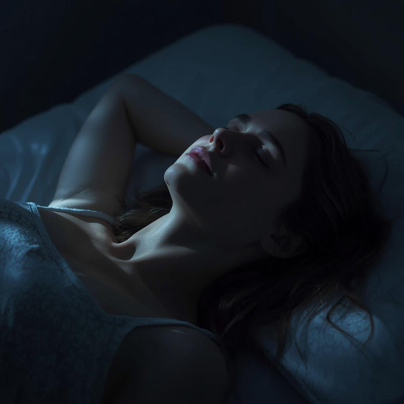 Person resting in dim natural night light, eyes closed but not deeply asleep, illustrating early Stage N1 light sleep.