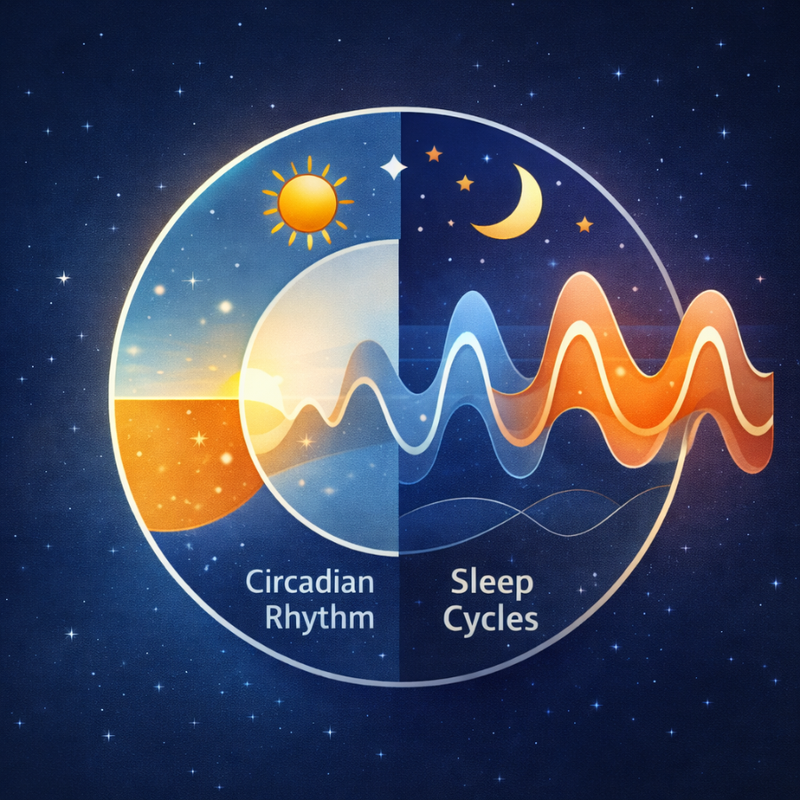Sleep cycle thumbnail showing deep sleep early and REM sleep increasing across the night within 90-minute cycles